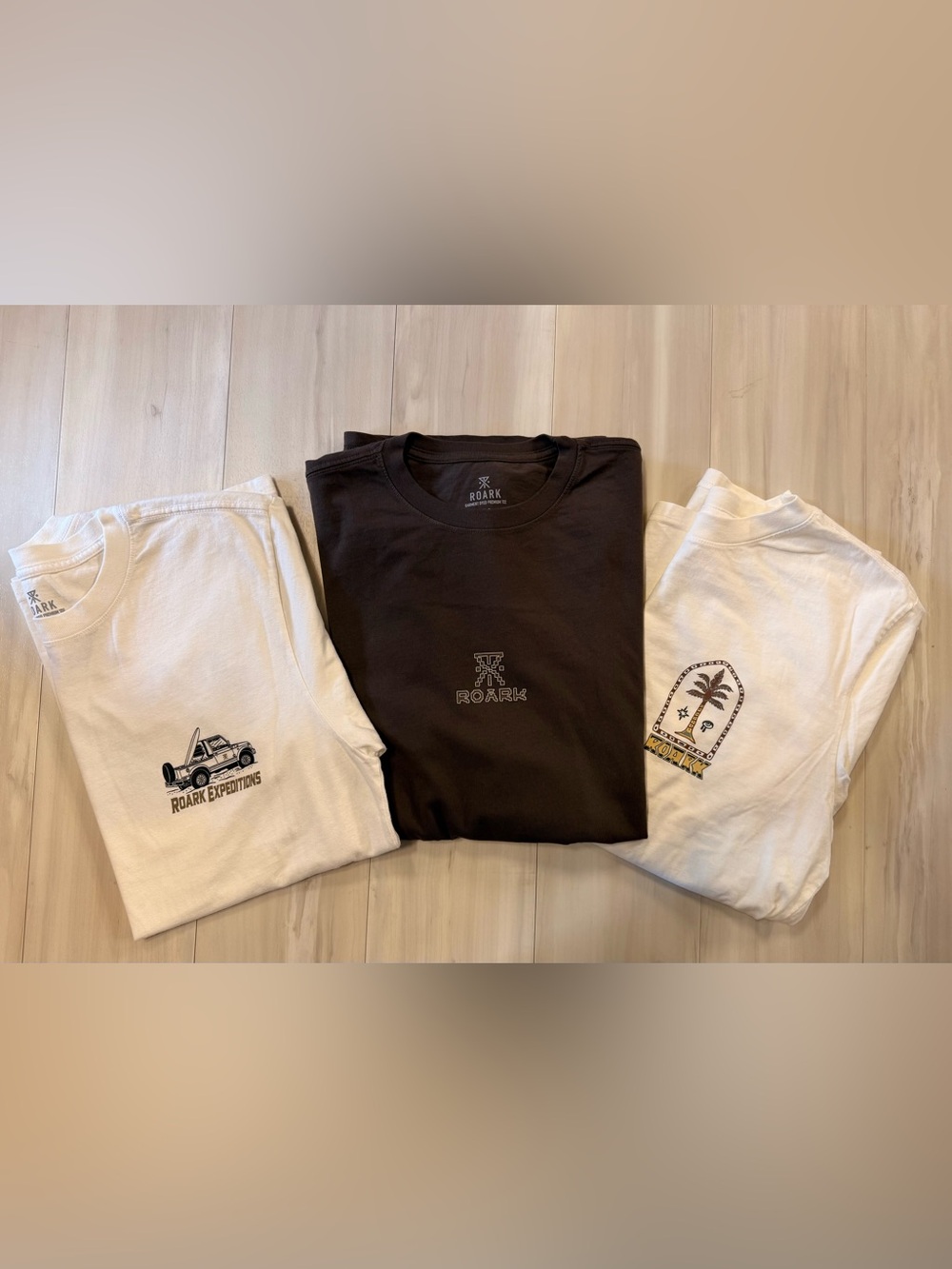 Set of 3 Roark Tees- cream short sleeve and long sleeve brown, size medium
